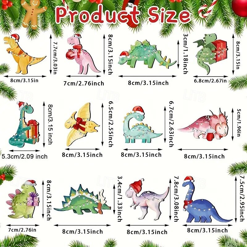 24pcs Christmas Dinosaur Ornaments Set, Multifunctional Wooden Tree Hanging Decorations for Thanksgiving, Halloween, and General Holiday Decor, Classic Styles in Various Shapes3