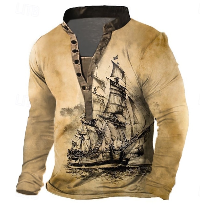 Men's Ship T Shirt Henley Shirt Long Sleeve 3D Print Retro Vintage Casual Vacation Daily Going out Summer Khaki Henley Henley T-Shirt