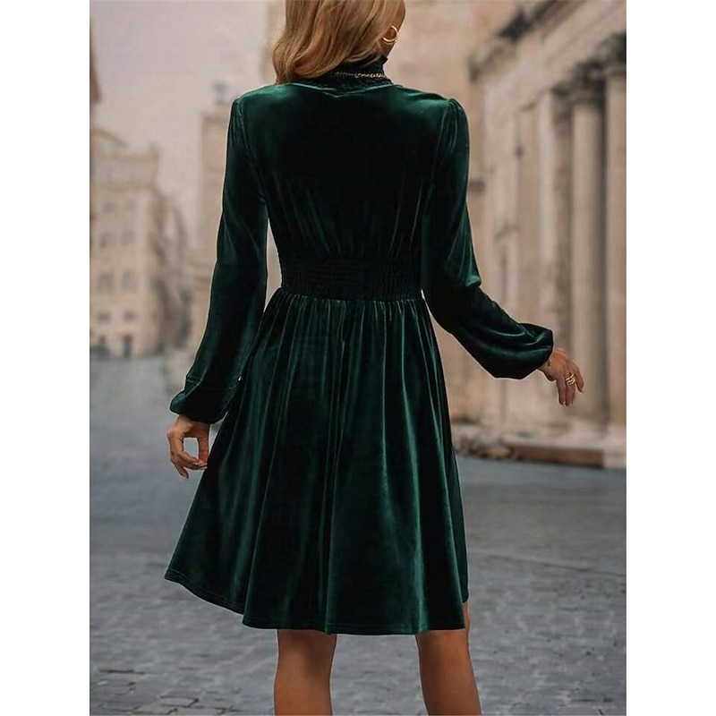 Women's Velvet Dress High Neck Long Sleeve Cinched Waistline Elegant Green Knee-Length Festive Party Wear Winter Clothing Apparel2