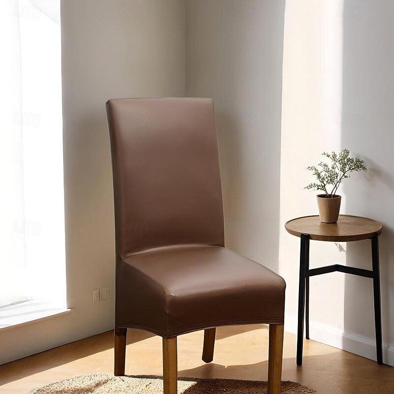 100% Waterproof Dining Chair Cover Black Stretch Chair Slipcover PU Leather High Back Chair Seat Cover Protector with Elastic Band for Dining Room,Wedding2