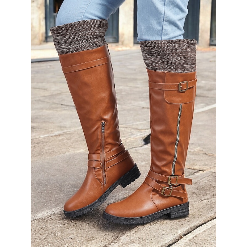 Women's Brown Knee-High Faux Leather Boots with Knit Cuff and Buckle Straps – Casual Winter Riding Boots