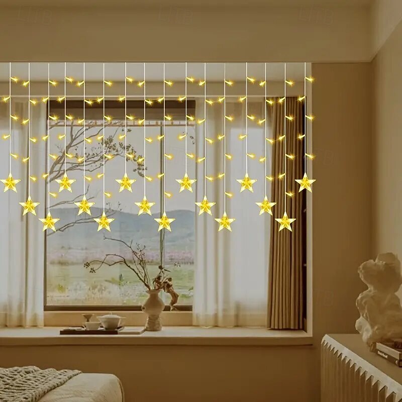 Elegant Wedding Reception Party 3.5m Pentagram Waterfall String Fairy Lights, Festival Curtain Lights for Christmas, Wedding, Party, Tree, Patio, Balcony, Camping EU/US/AU/UK Plug4