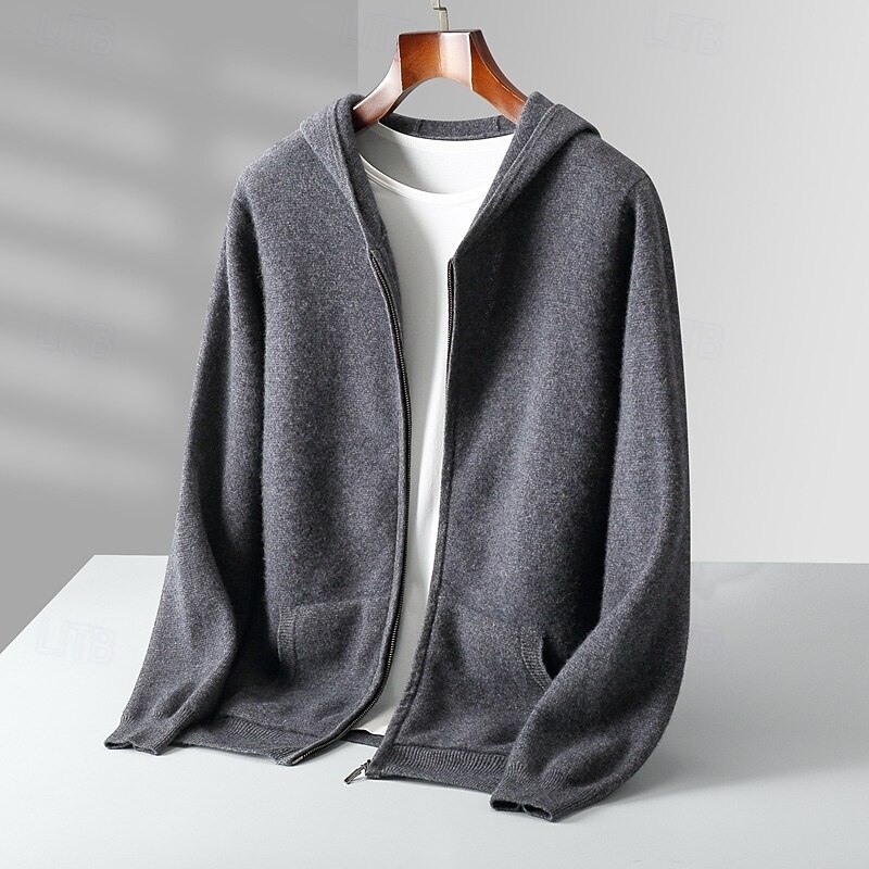 Men's 100% Wool Zip Sweater Solid Color Hooded Knitwear Elegant School Training Clothing Apparel Fall Winter Black White S M L XL4