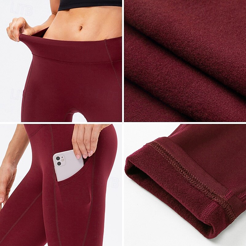 Women's Yoga Pants Fleece Lined Leggings Yoga Leggings Side Pockets Butt Lift Tummy Control High Waist Pilates Gym Workout Workout Tights Solid Color Black Army Green Burgundy Fall Winter Sports4
