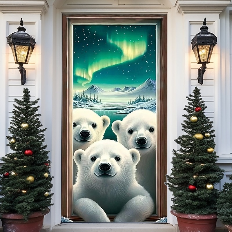Door Decorations Door Covers Door Tapestry Door Curtain Decoration Backdrop Indoor/Outdoor Door Banner for Front Door Farmhouse Nothern Light Polar Bears4