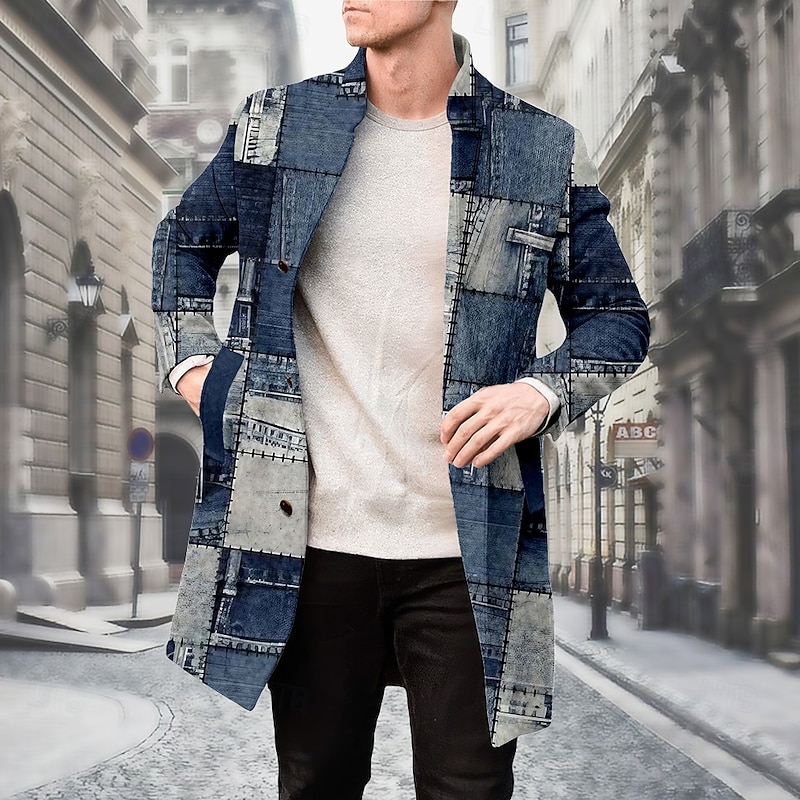 Men's Plaid Winter Coat Fleece Jacket Overcoat Thermal Comfortable Vintage Casual Formal Outdoor Daily Wear 3D Print Buttons Front Pocket Winter Turndown Long Sleeve Blue