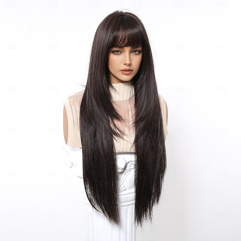 Synthetic Wig Uniforms Career Costumes Princess Straight kinky Straight Middle Part Layered Haircut With Bangs Machine Made Wig 30 inch Dark Brown Synthetic Hair Women's Cosplay Party Fashion Dark4