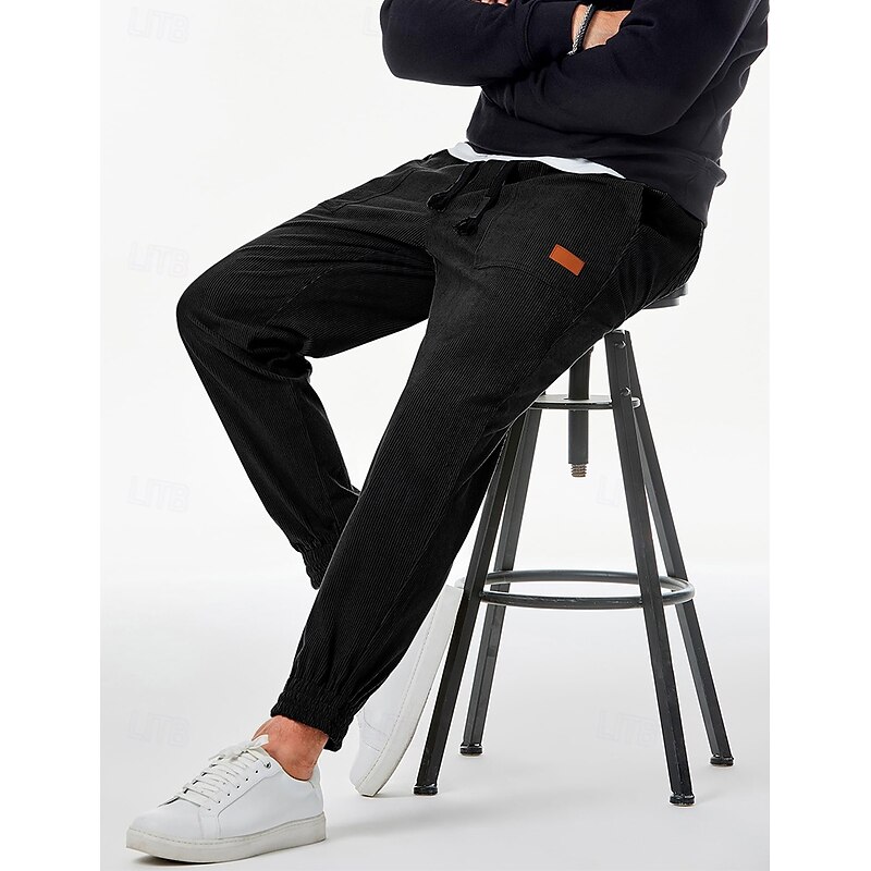 Men's Sweatpants Joggers Corduroy Pants Trousers Casual Pants Pocket Drawstring Elastic Waist Plain Comfort Soft Full Length Sports Outdoor Casual Daily Fashion Stylish Black Khaki4