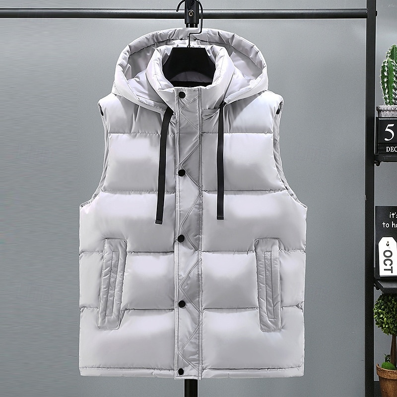 Men's Puffer Vest Hoodie Vest Padded Gilet Quilted Vest Daily Date Vacation Fashion Casual Fall & Winter Pocket Detachable Hood Polyester Warm Comfortable Solid Color Buttoned Front Hooded Regular Fit