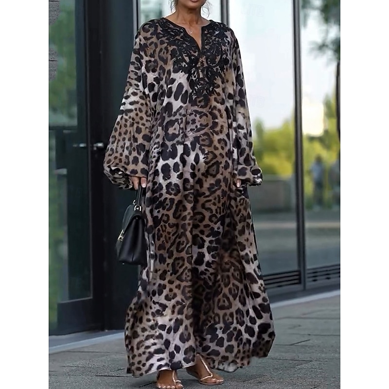 Women's Animal V Neck Mini Dress Long Sleeve Spring Fall