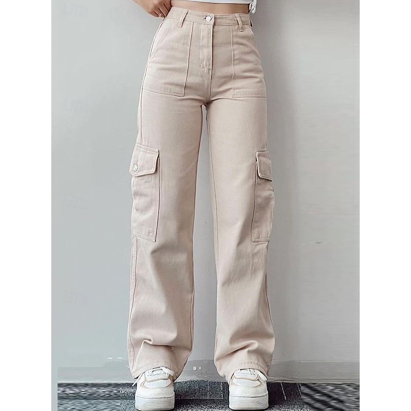 Women's Cargo Pants Chinos Fashion Streetwear Full Length High Waist Plain Pocket Comfy Soft Comfortable Micro-elastic Outdoor Street White Green Apricot Spring &  Fall Regular Fit