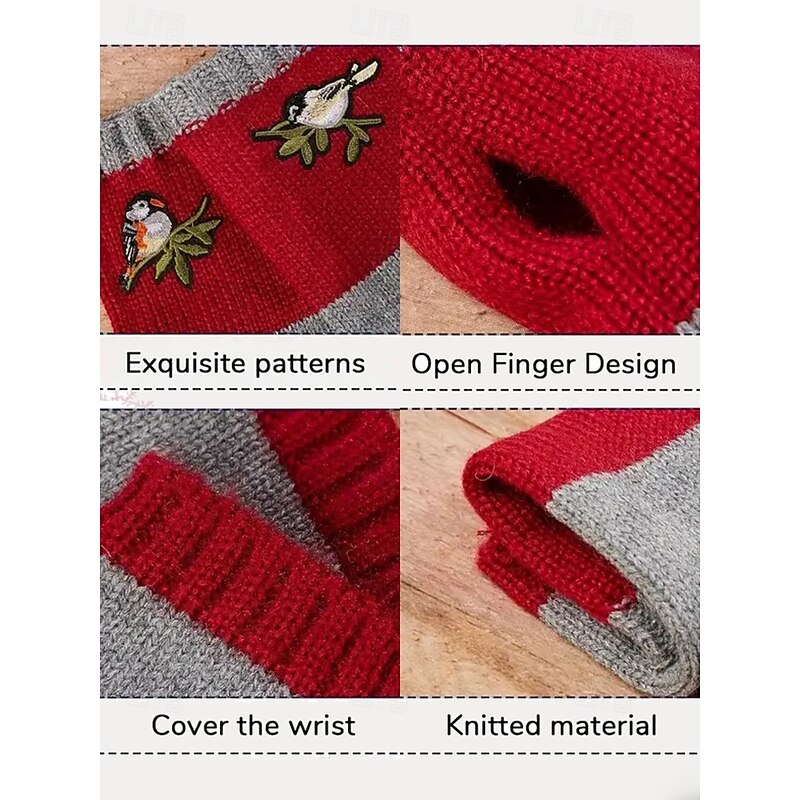 Hand-Knitted Bird Embroidered Fingerless Gloves - Cozy Winter Mittens for Women, Warm Knitted Wool Arm Warmers4
