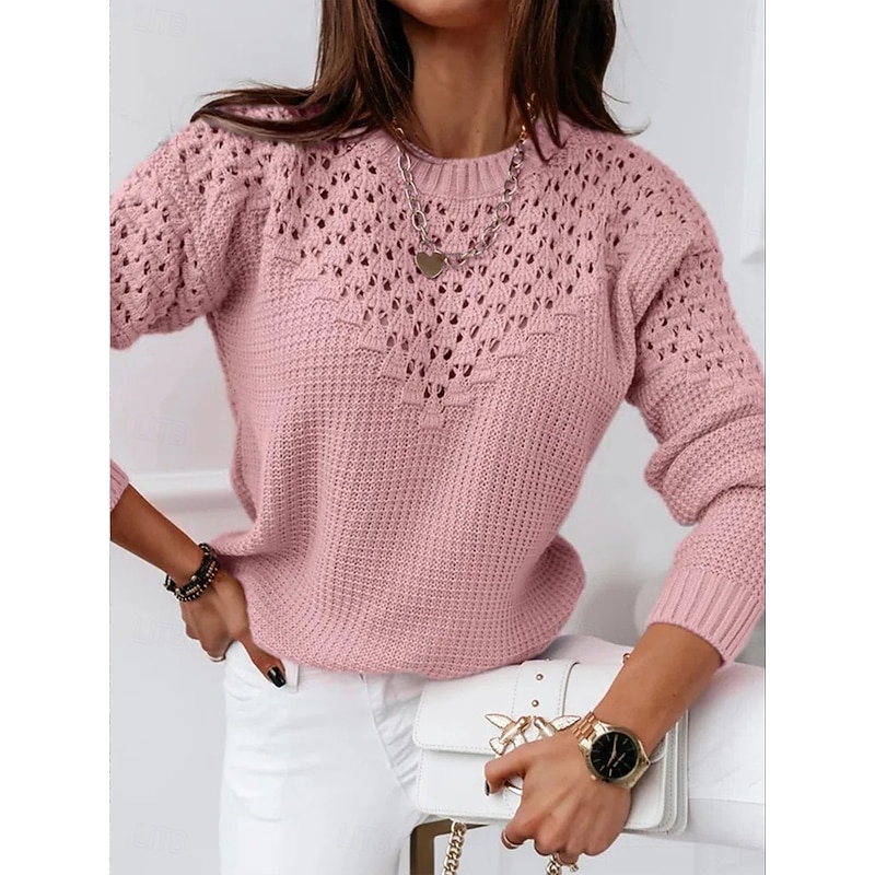 Women's Sweater Casual Soft Pure Color Ribbed Crew Neck Knitted Long Sleeve Regular Tops Knit Outdoor Daily Weekend White Pink Fall Winter
