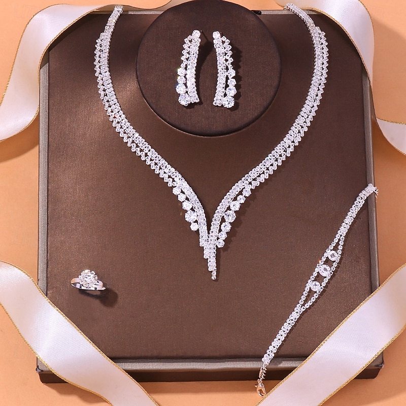 Elegant Crystal Jewelry Set for Women – Includes Necklace, Earrings, Bracelet, and Ring, Perfect for Weddings and Special Occasions - Main Image