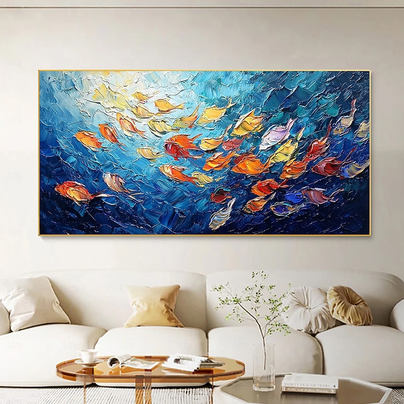 Handmade Original School of Colorful Fish Oil Painting On Canvas Abstract Underwater World Wall Art for Home Decor With Stretched FrameWithout Inner Frame Painting3