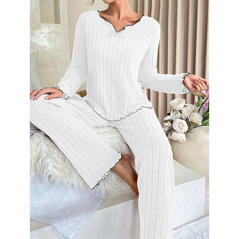 Women's Pajama Set Pure Color Casual Comfort Home Daily Comfort Warm V Neck Long Sleeve T shirt Pant Elastic Waist Fall Winter Home Outfits 5
