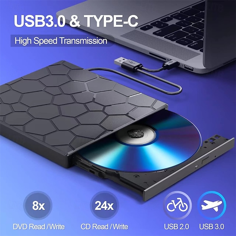External CD/DVD Drive for Laptop, DVD Player for Laptop 8 in 1 USB 3.0 Ultra-Slim Portable CD Burner External Disk Drive Optical Compatible with Laptop Desktop3