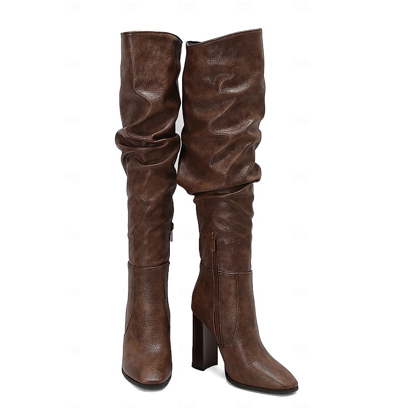 Women's Brown Over The Knee Slouchy Boots - Chunky Heel, Pointed Toe, Stylish Casual Fall and Winter Footwear4