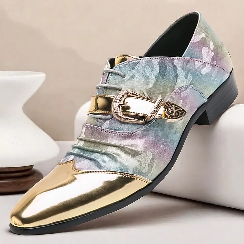 Men's Gradient Camo Formal Shoes with Metallic Gold Toe Caps and Buckle Detail - Elegant Lace-Up Design for Parties and Special Events