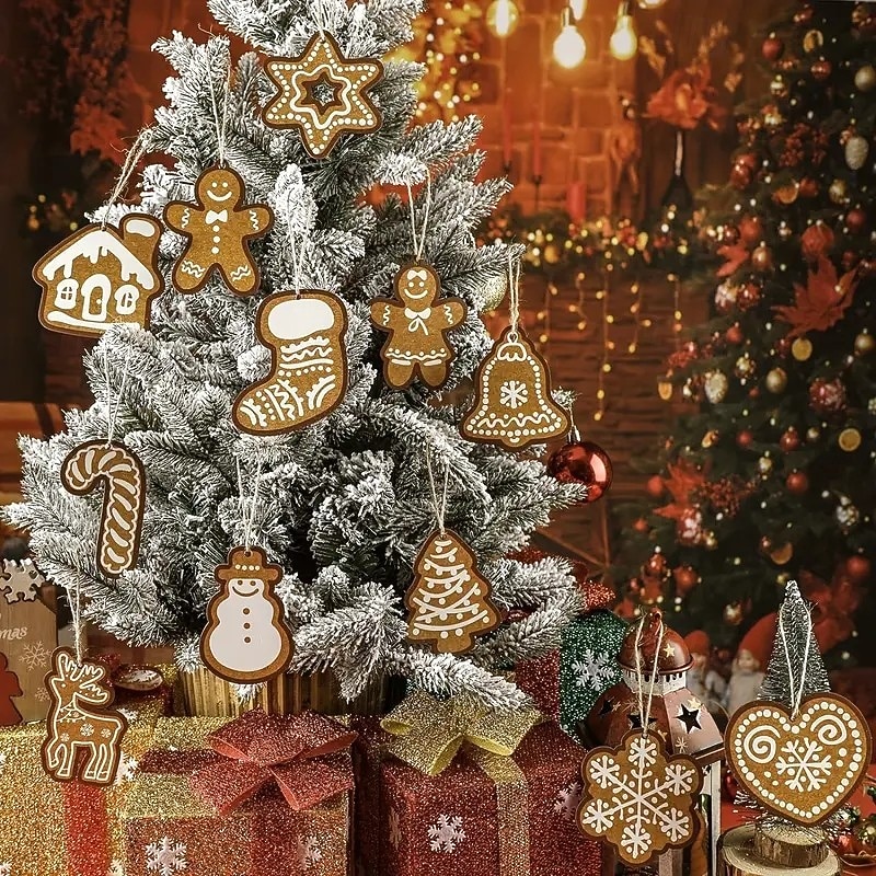 24pcs Wooden Christmas Ornaments, Xmas Tree Pendant Decoration - Rustic Hanging Decor in Gingerbread, Stars, Hearts, Bells, Snowmen, Stockings, Moose, and Peppermint Candy Cane Shapes4