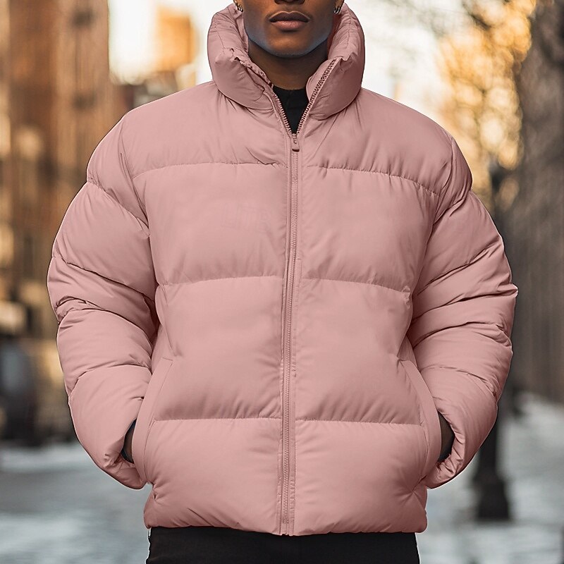 Men's Winter Coat Puffer Jacket Pocket Polyster Top Christmas Office / Career Street Regular Sports Streetwear Cool Fall Winter Plain Black White Pink Blue Puffer Jacket4