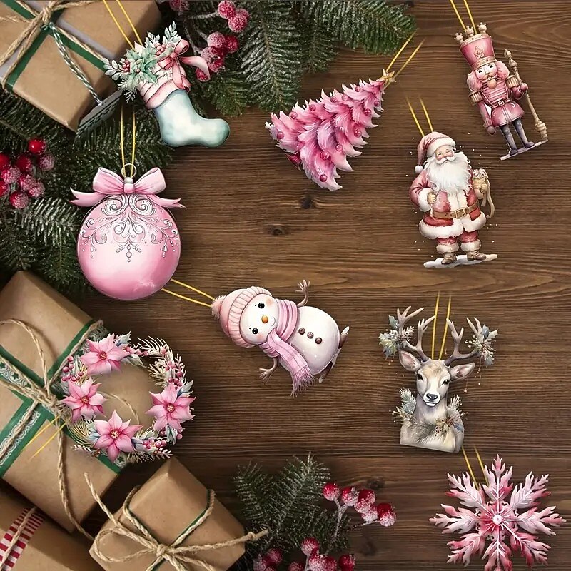 24pcs Christmas Wooden Pink Ornaments, Modern Love-Themed Pink Hanging Decorations for Xmas Trees, Perfect for Home Decor4