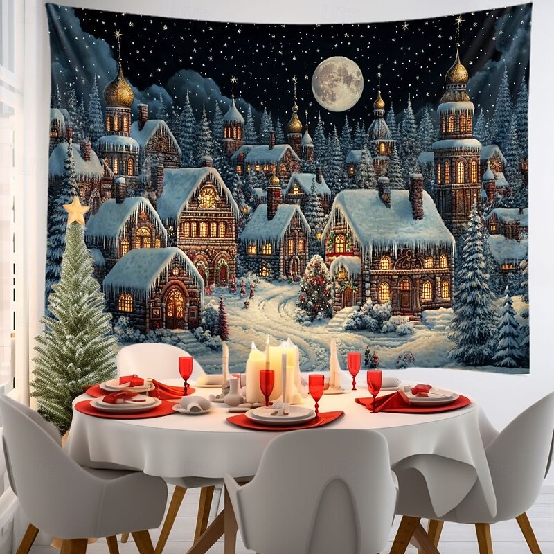 Christmas Decorations Hanging Tapestry Snow Village Wall Art Xmas Large Tapestry Mural Decor Photograph Backdrop Blanket Curtain Home Bedroom Living Room Decoration3