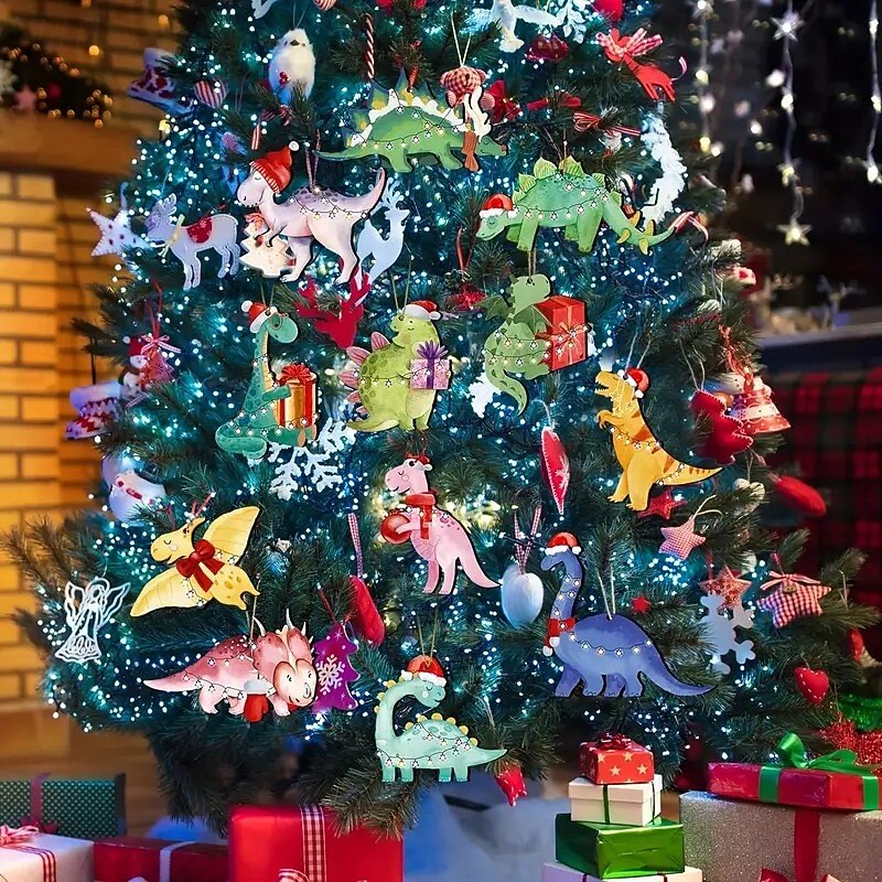 24pcs Christmas Dinosaur Ornaments Set, Multifunctional Wooden Tree Hanging Decorations for Thanksgiving, Halloween, and General Holiday Decor, Classic Styles in Various Shapes2