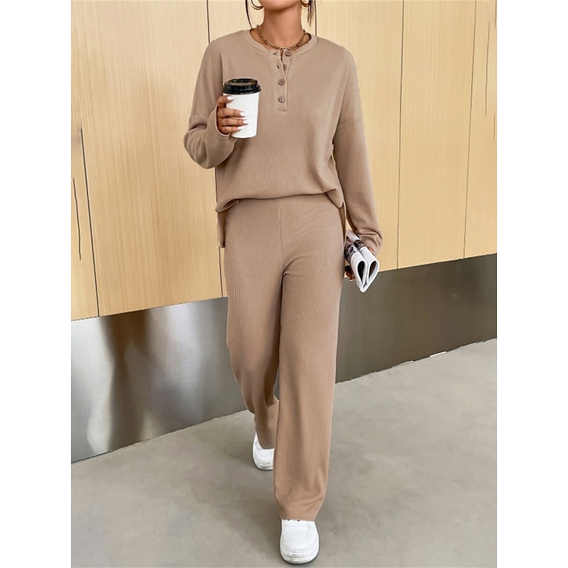 Women's Fashion Streetwear Daily Sweatshirt Sweatpants Long Sleeve Crew Neck Plain Casual Daily Navy Blue Blue Khaki Fall Regular Fit4