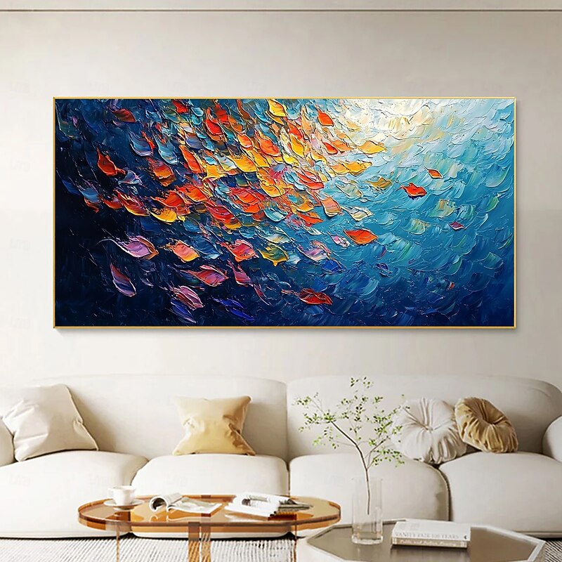 Handmade Original School of Colorful Fish Oil Painting On Canvas Abstract Underwater World Wall Art for Home Decor With Stretched FrameWithout Inner Frame Painting