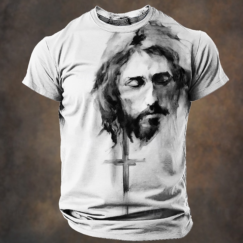 Christmas Men's Jesus T Shirt Short Sleeve T shirt 3D Print Crew Neck Shirt Retro Vintage Casual Street Style Christmas Sports Outdoor Holiday Light Blue Light Green Light Brown Spring & Summer2