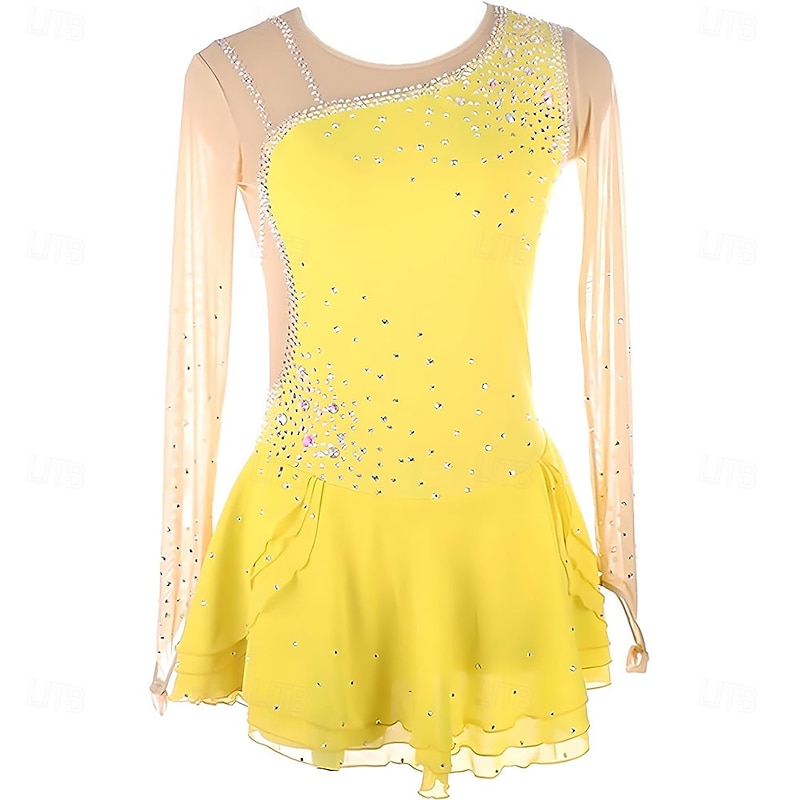 Girls Figure Skating Dress Long Sleeves One Shoulder Round Neck Rhinestone Ballet Dance Competition Costume