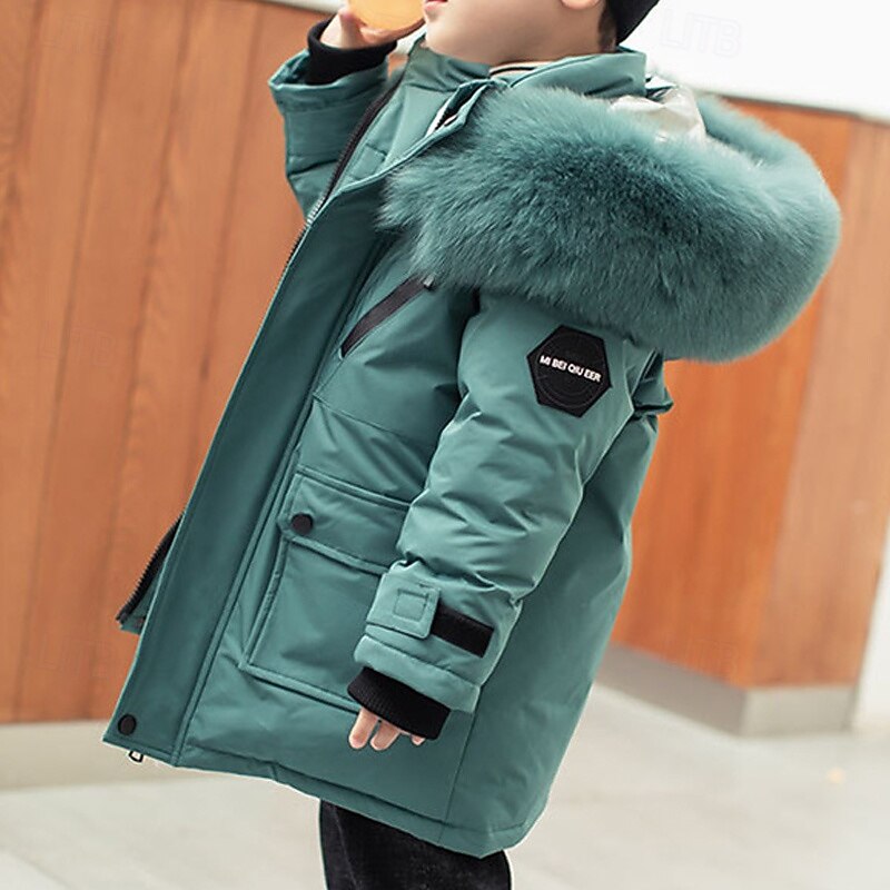 Kids Boys' Down Coat Hoodie Jacket Puffer Jacket Outerwear Solid Color Long Sleeve Pocket Coat Outdoor Daily Basic Black Red Green Fall Winter 4 years+3