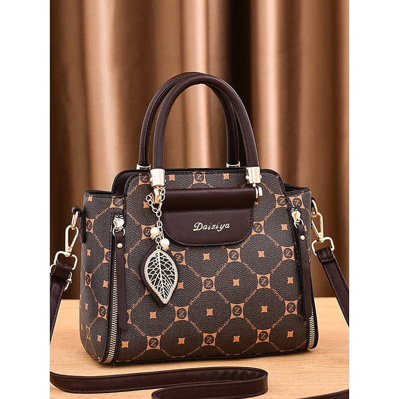 Elegant Women's Faux Leather Handbag with Red Accents and Gold Leaf Charm – Designer-Inspired Shoulder Bag with Adjustable Strap