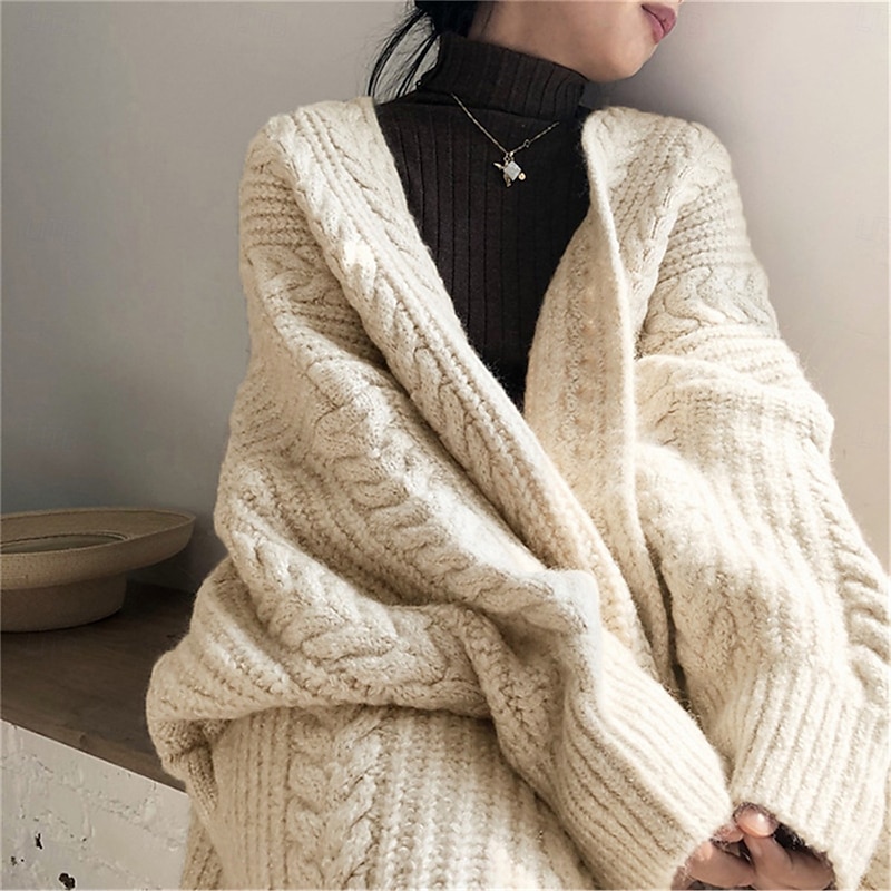 Women's Sweater Cardigan Casual Soft Pure Color Cable Open Front Knitted Long Sleeve Long Tops Knit Outdoor Daily Weekend Blue Apricot Fall Winter4