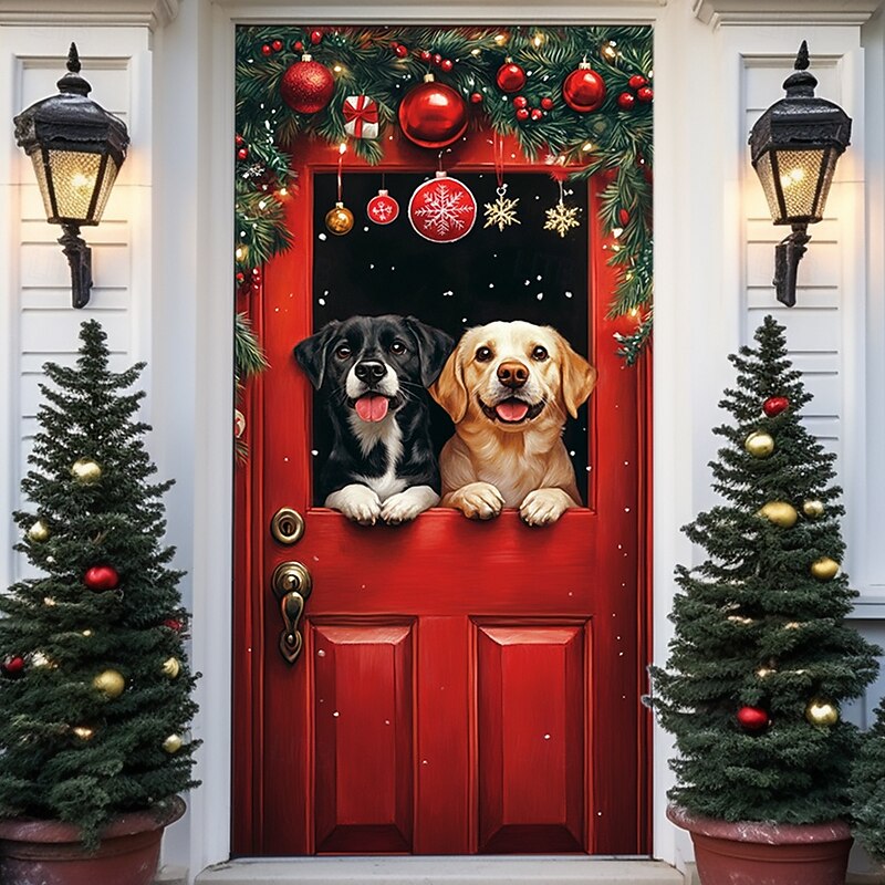 Christmas Door Decorations Door Covers Xmas Ornaments Animals Door Tapestry Door Curtain Decoration Backdrop Indoor/Outdoor Door Banner for Front Door Farmhouse Dog