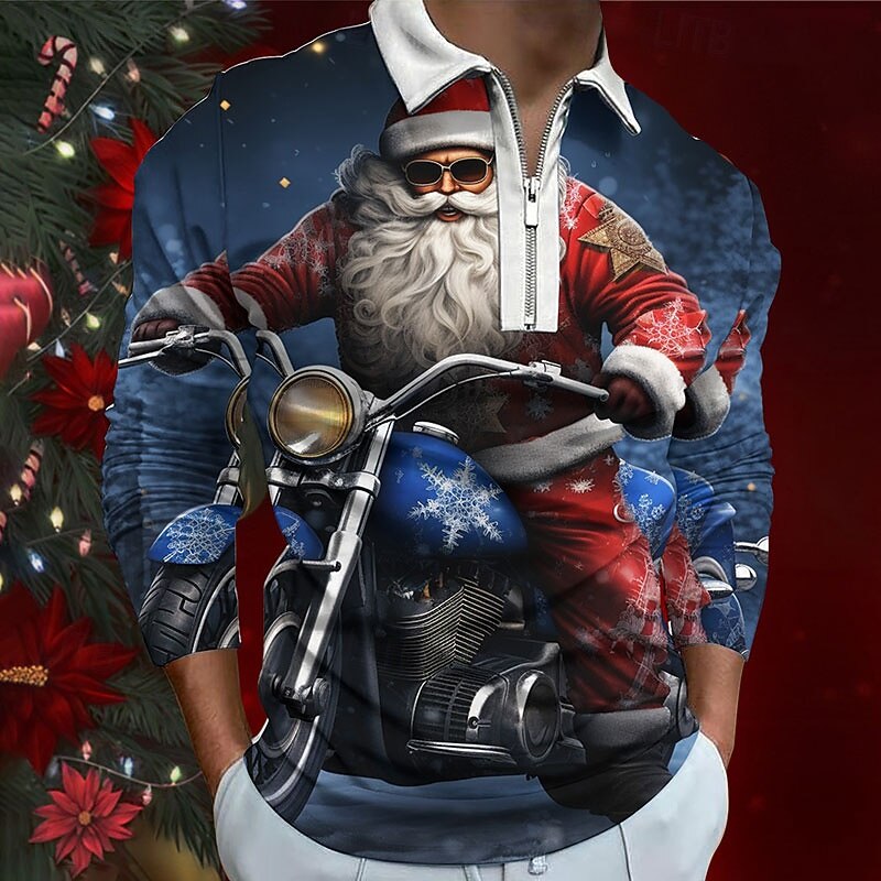Christmas Men's Santa Claus 3D Zipper Polo Santa Claus Abstract Zip Golf Long Sleeve Outdoor Casual Daily Streetwear Fall & Winter 3D Print Turndown Zip Navy Blue Blue Ink Blue Polyester3