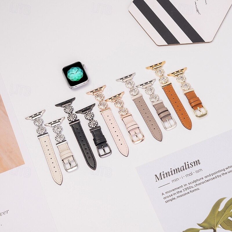 Leather Band Compatible with Apple Watch band 38mm 40mm 41mm 42mm 44mm 45mm 49mm Women Bling Diamond Adjustable Alloy Leather Strap Replacement Wristband for iwatch Ultra 2 Series 9 8 7 SE 6 5 4 3 2 1