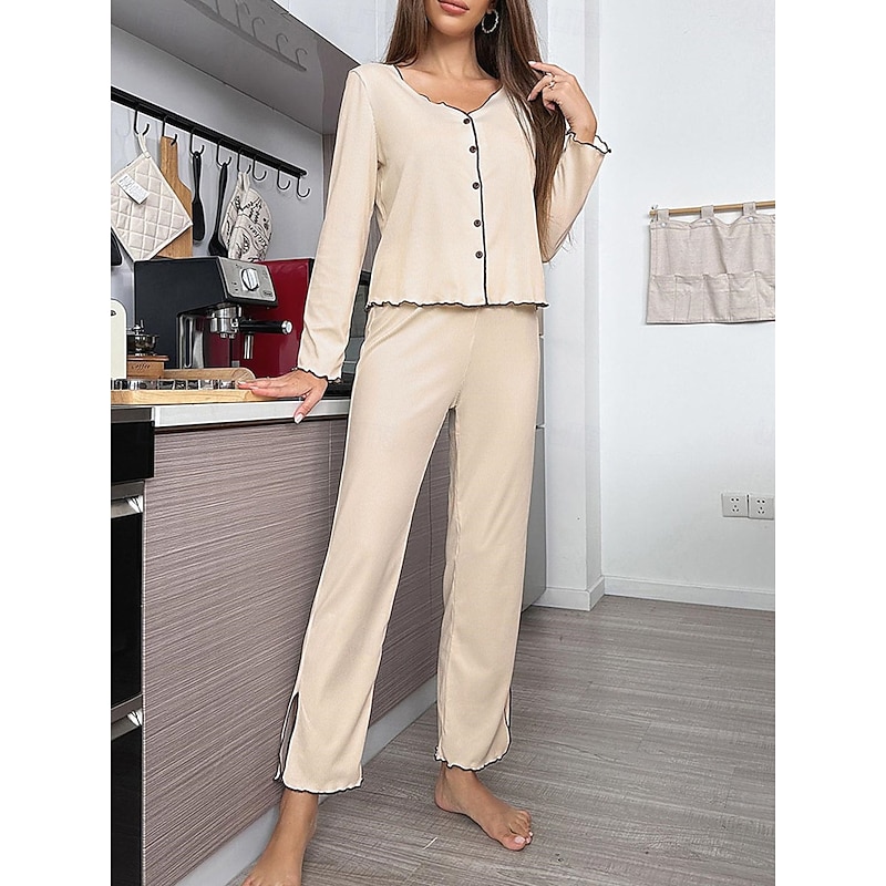 Women's Pajama Set Pure Color Casual Comfort Home Daily Comfort Warm V Neck Long Sleeve T shirt Pant Button Up Elastic Waist Fall Winter Home Outfits3