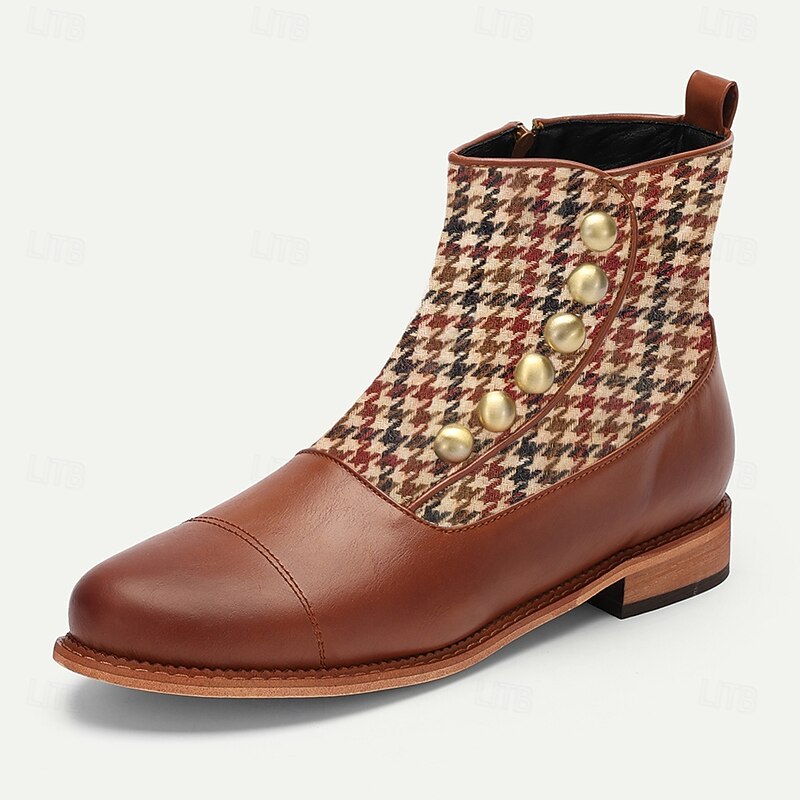 Men's Vintage Houndstooth Ankle Boots with Faux Leather Accents and Decorative Buttons – Stylish Formal Boots for Fall and Winter3