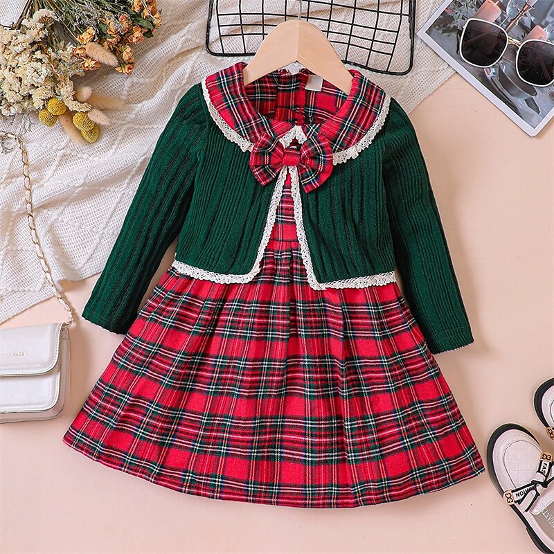 Kids Girls' Dress Plaid Ugly Long Sleeve Outdoor Party Tie Knot Adorable Beautiful Polyester Midi Casual Dress Dress Set Tank Dress Spring Fall 4 years+ Red3