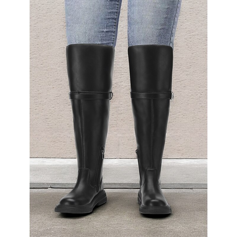 Women's Extra Wide Calf Black Knee-High Boots with Buckle Strap and Side Zipper – Comfortable Fit for Everyday and Casual Outfits4