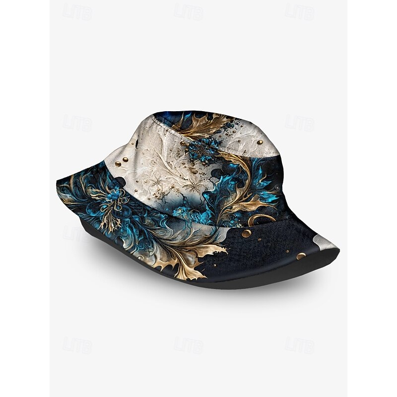 Men's Artistic Print Bucket Hat with Blue and Gold Abstract Floral Design – Stylish and Unique Outdoor Sun Hat for All Seasons4