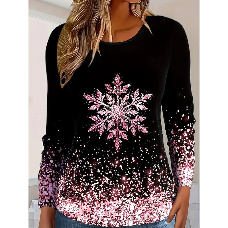 Women's T Shirt Long Sleeve Top Glitter Snowflake Crew Neck Sparkle Gradient Festive Winter Holiday Fashion Black Pink Shimmer Casual Comfort Stretch Fit Clothing Apparel