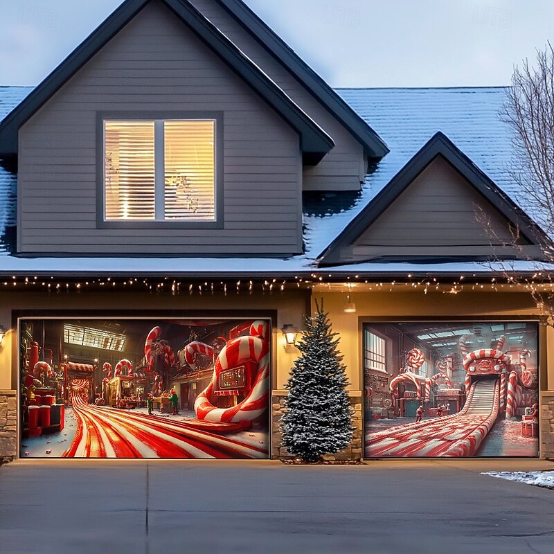 Christmas Door Decorations Garage Door Cover Xmas Candy Canes Gifts Gingerbread Outdoor Banner Large Christmas Backdrop for Holiday Outdoor Garage Door Home Wall Decorations 25