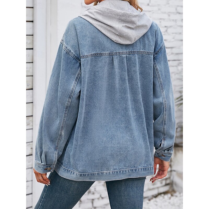 Women's Hoodie Jacket Denim Jacket Outdoor Street Daily Wear Fall Winter Regular Coat Regular Fit Thermal Warm Breathable Stylish Casual Jacket Long Sleeve Solid Color with Pockets Light Blue Black2