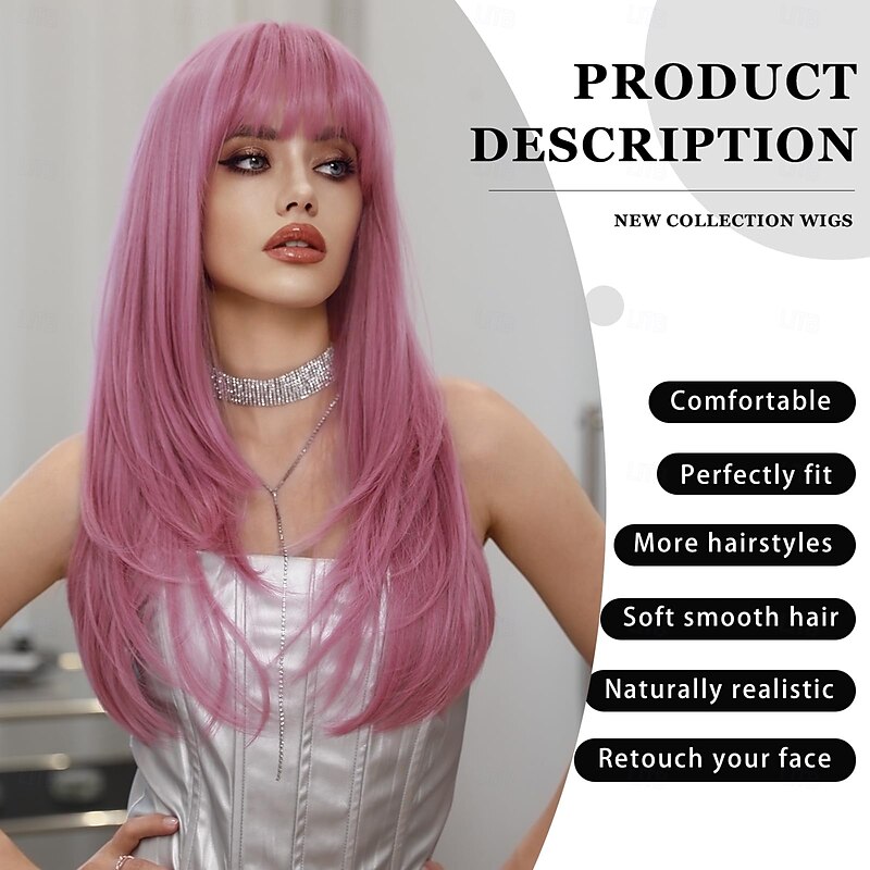 Long Straight Wig with Bangs for Women Hair Synthetic Heat Resistant Pastel Layered Wig Sexy Colored Wig for Cosplay Christmas Gifts Party Wigs2