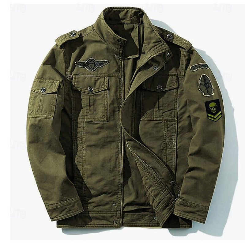 Men's Cotton Embroidered Military Jacket Cargo Jacket with Shoulder Straps Long Sleeve Standing Collar Multi-Pockets Coat Trucker Jacket Skull Print Tactical Outerwear