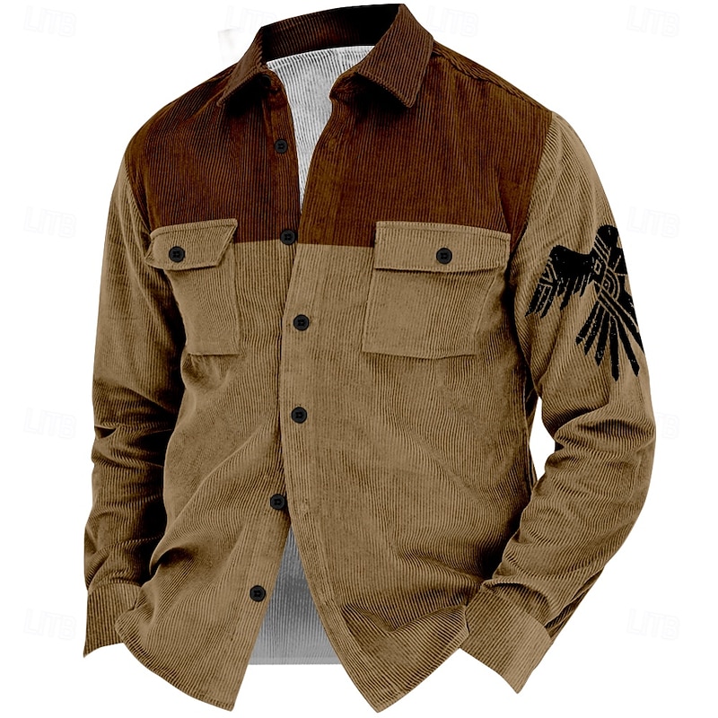 Men's Eagle Cowboy Corduroy Shirt Shirt Jacket Overshirt Long Sleeve Vintage Tribal Sports & Outdoor Dailywear Fall & Winter Turndown Collared Shirts Buttons 3D Print 2 Pockets 1pc Brown