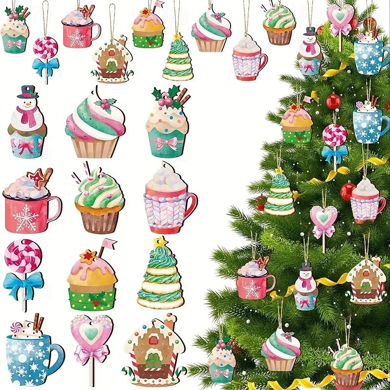 24pcs Christmas Wooden Ornaments, Cupcake and Candy Decoration Set, Dessert-Themed Hanging Pendants with Cookie and Hot Cocoa Patterns for Holiday Trees, Home, and Coffee Bar Decor